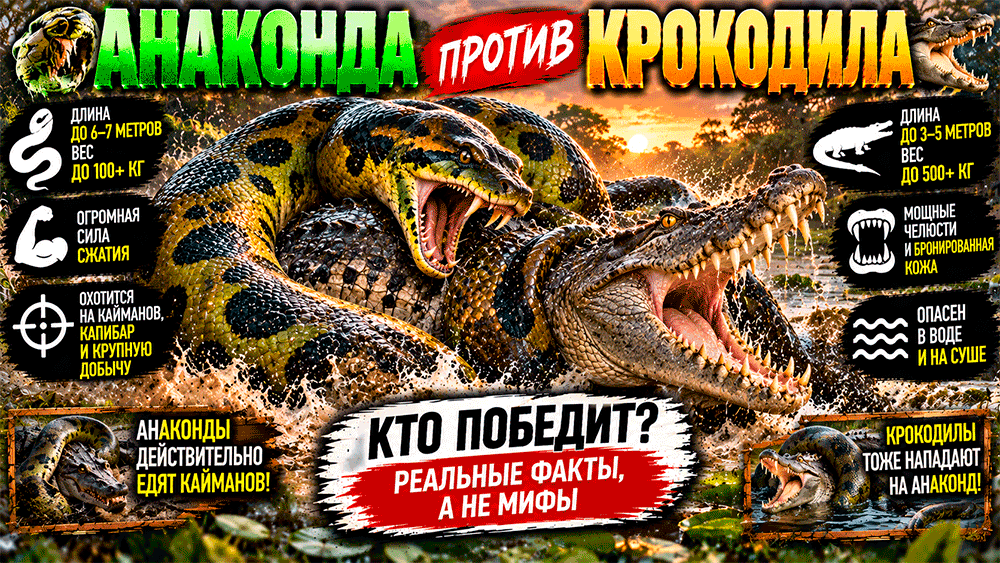 Анаконда против крокодила – кто сильнее и почему в болоте хищник сам может стать добычей