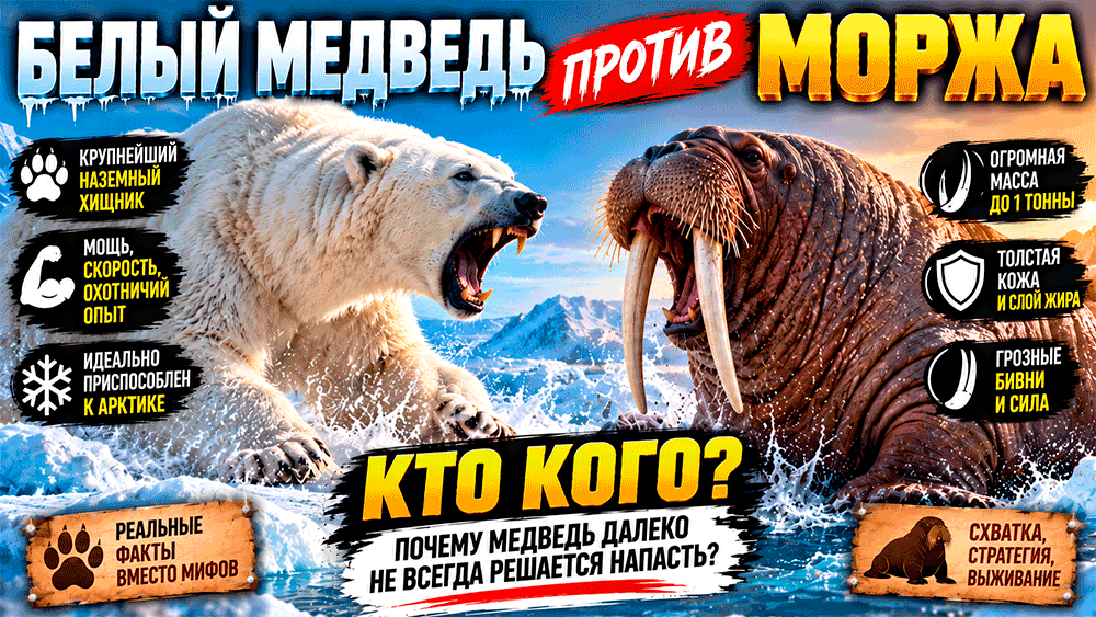 Белый медведь против моржа – почему крупнейший наземный хищник далеко не всегда решается напасть