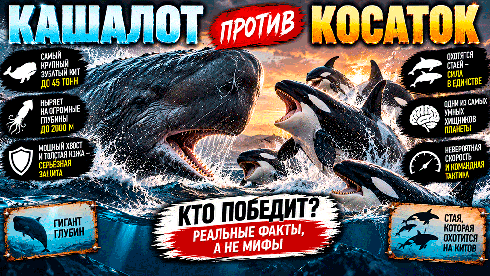 Косатка против кашалота – кто сильнее и почему гигантский кит всё равно защищается от стаи