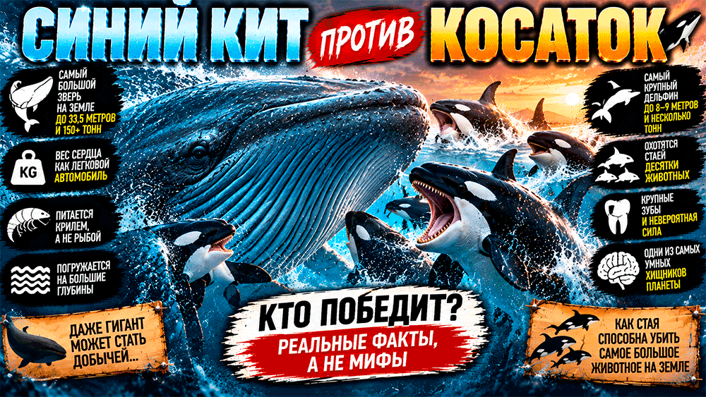 Косатки против синего кита – как стая способна убить самое большое животное на Земле