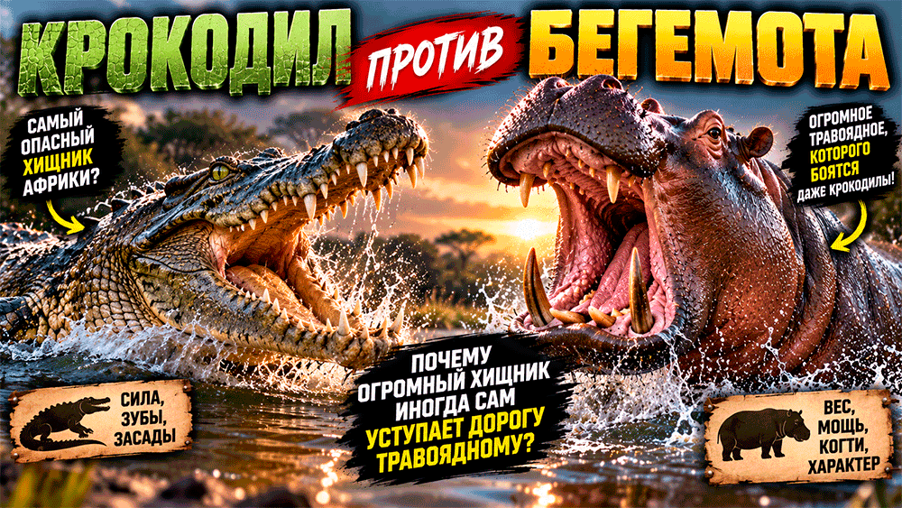 Крокодил против бегемота – почему огромный хищник сам уступает дорогу травоядному