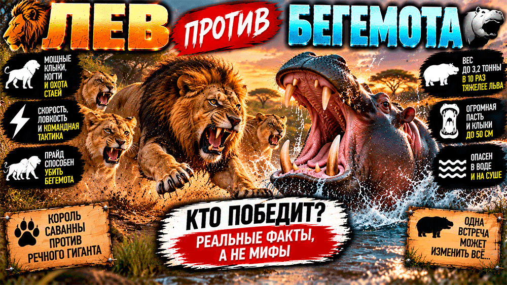 Лев против бегемота – кто сильнее и почему даже прайд не спешит нападать на взрослого гиганта