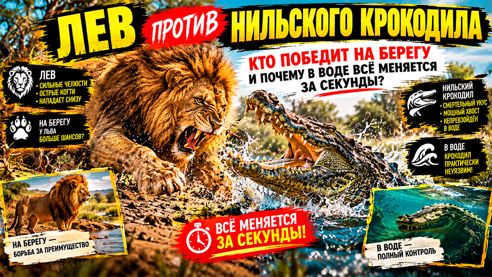 Лев против нильского крокодила – кто победит на берегу и почему в воде всё меняется за секунды