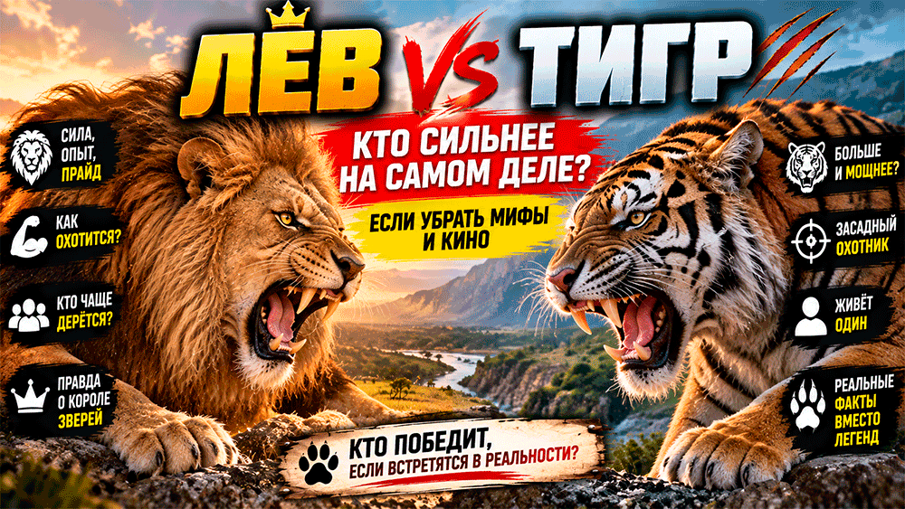 Лев против тигра – кто сильнее на самом деле, если убрать мифы и кино