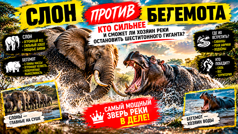 Слон против бегемота – кто сильнее и сможет ли хозяин реки остановить шеститонного гиганта