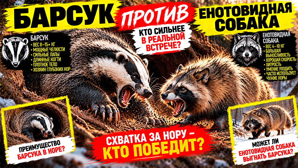 Барсук против енотовидной собаки – кто победит при встрече у одной норы?