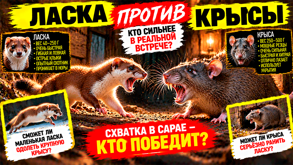 Ласка против крысы – сможет ли самый маленький хищник России справиться с крупным грызуном