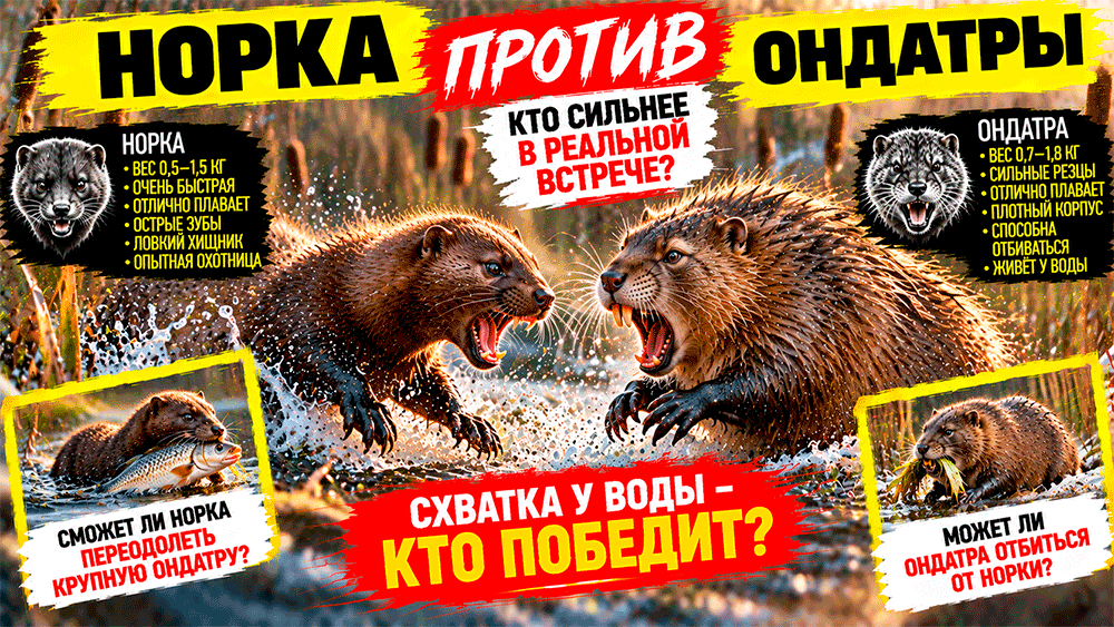 Норка против ондатры – кто победит в воде и способна ли крупная ондатра отбиться от хищника